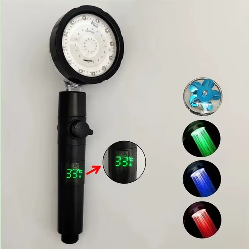 LED Digital Temperature Display Shower Head Temperature Control Colorful Fan Spray Nozzle High Pressure Rainfall Bathroom Shower