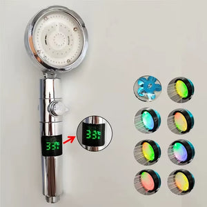 LED Digital Temperature Display Shower Head Temperature Control Colorful Fan Spray Nozzle High Pressure Rainfall Bathroom Shower