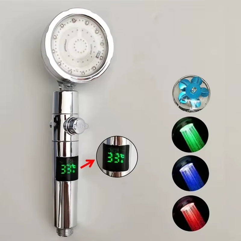 LED Digital Temperature Display Shower Head Temperature Control Colorful Fan Spray Nozzle High Pressure Rainfall Bathroom Shower